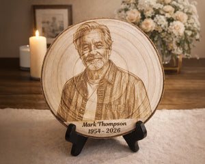 Wooden plaque with engraved portrait and name on a stand, with a candle and flowers in the background.