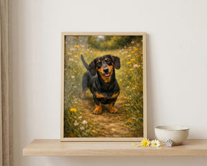 A framed custom pet portrait of a black and tan dachshund standing on a flower path, displayed on a light wood shelf next to a ceramic bowl and small flowers against a neutral wall.