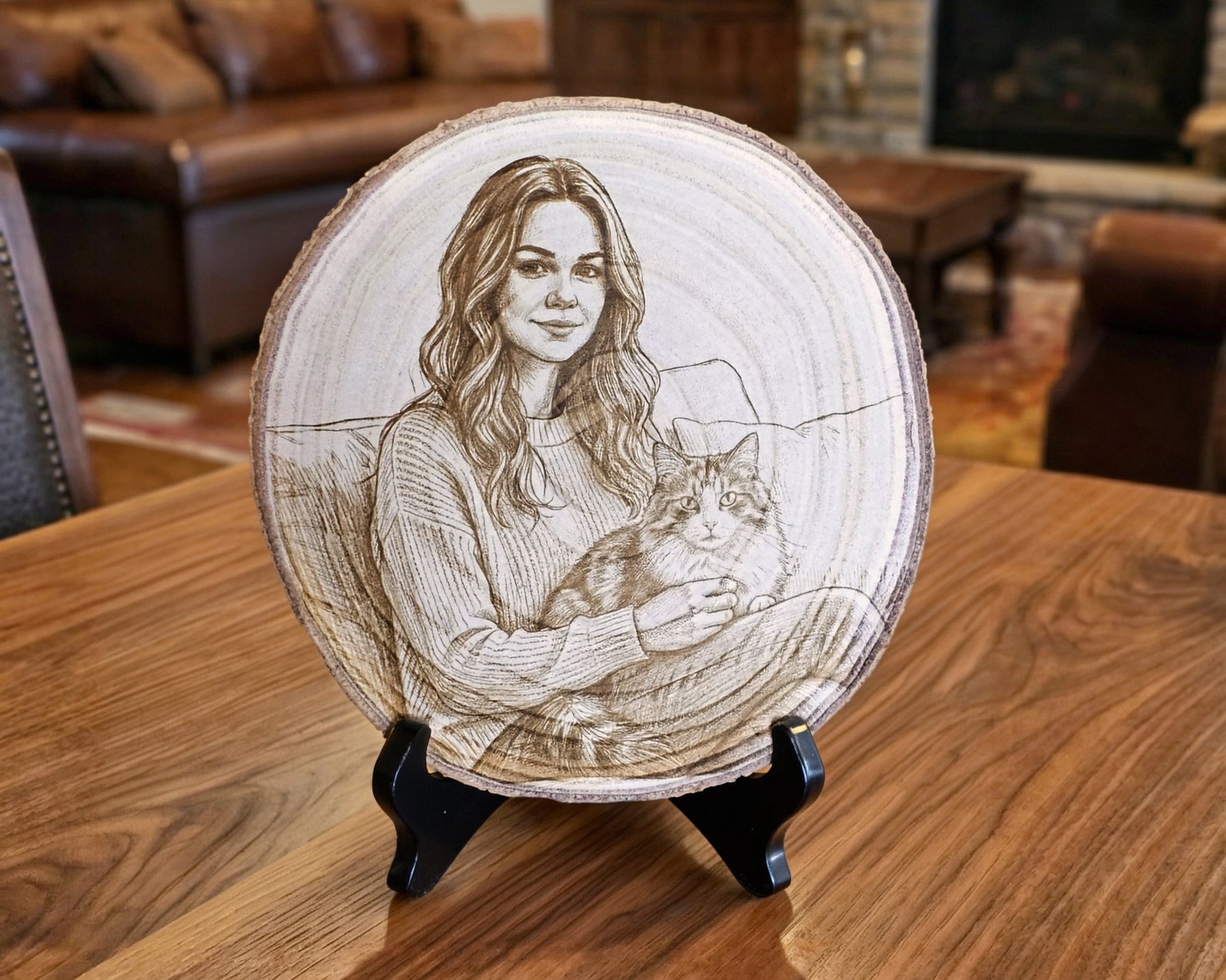 A round wood slice plaque featuring a custom engraved portrait of a woman holding a cat, displayed on a black stand on a wooden table in a living room setting.