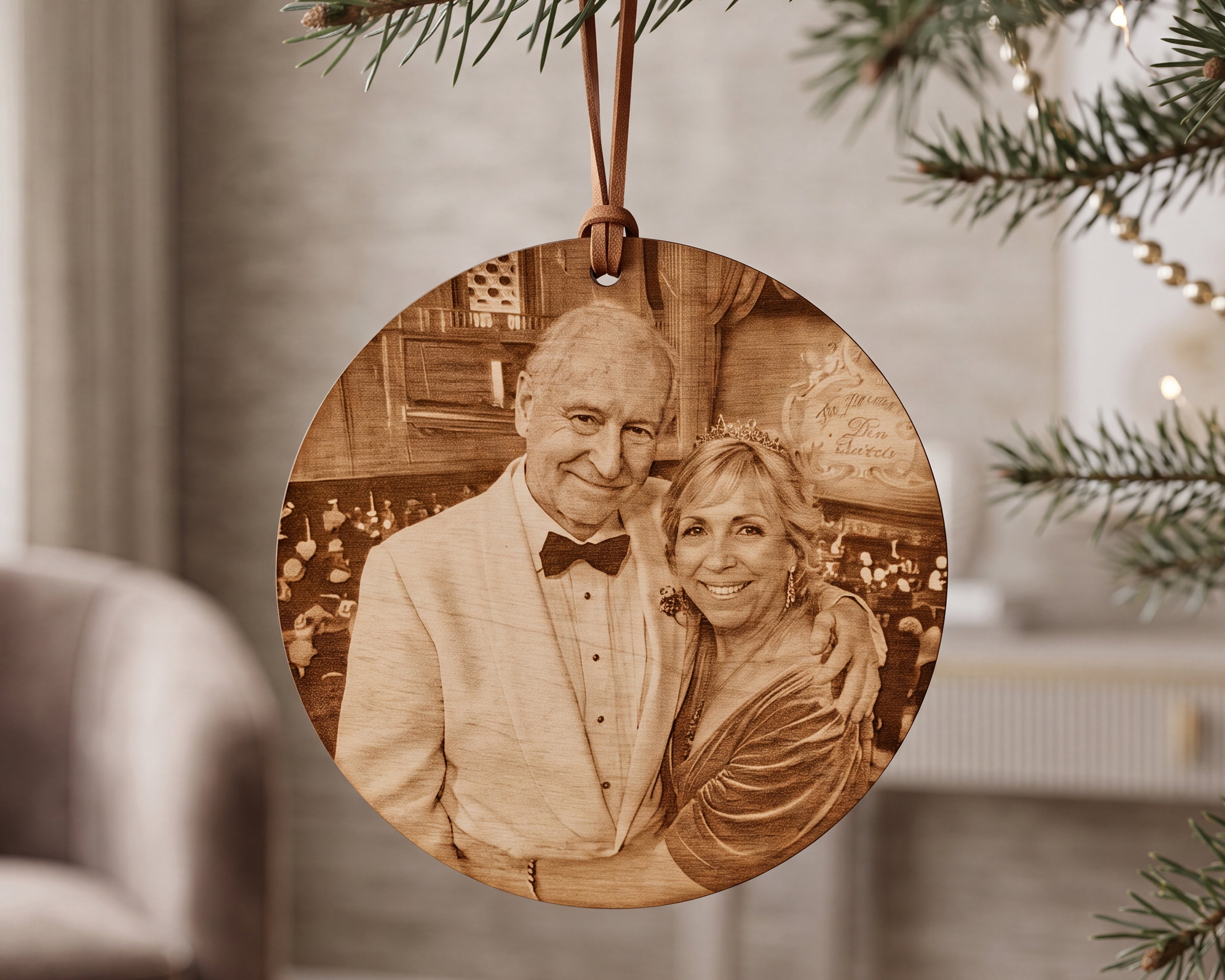 Custom Wedding Photo Engraved Wood Christmas Ornament
