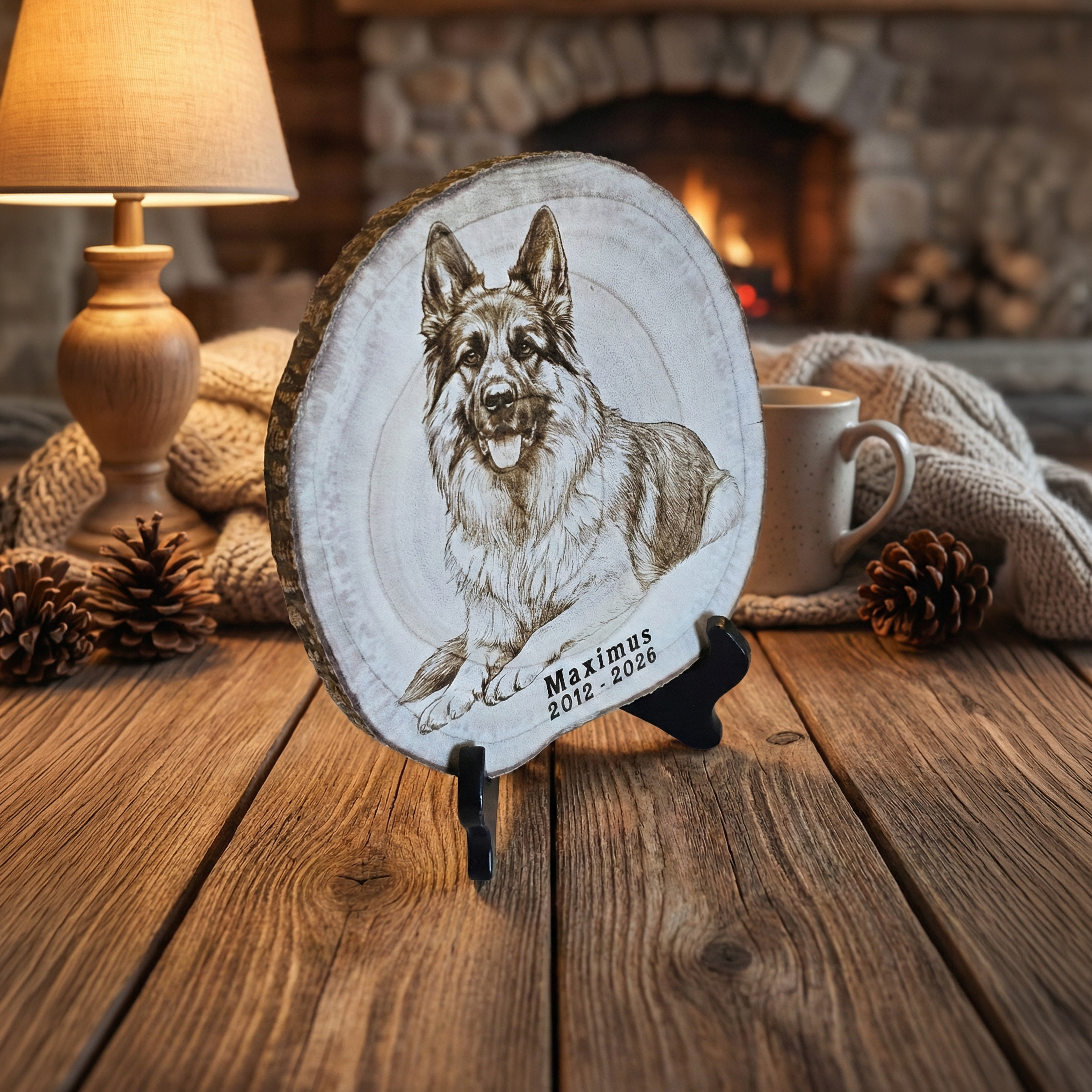 Memorial plaque with a dog illustration on a wooden stand in front of a fireplace.