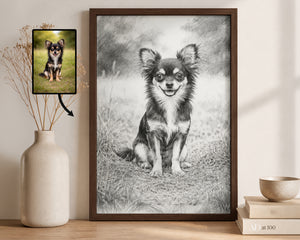 A framed black-and-white portrait print of a chihuahua dog leaning against a wall on a wooden surface, next to a ceramic vase with dried stems and a small inset photo of the dog used as the reference. The print has a dark wood frame.