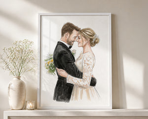 A framed watercolor-style wedding portrait print leaning on a shelf beside a vase of baby's breath and a small candle. The artwork shows a groom in a black tuxedo embracing a bride in a cream lace wedding dress.