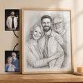 A framed black-and-white portrait sketch of a family of three displayed on a wooden shelf, with two small reference photos shown beside it and a candle on a coaster nearby.