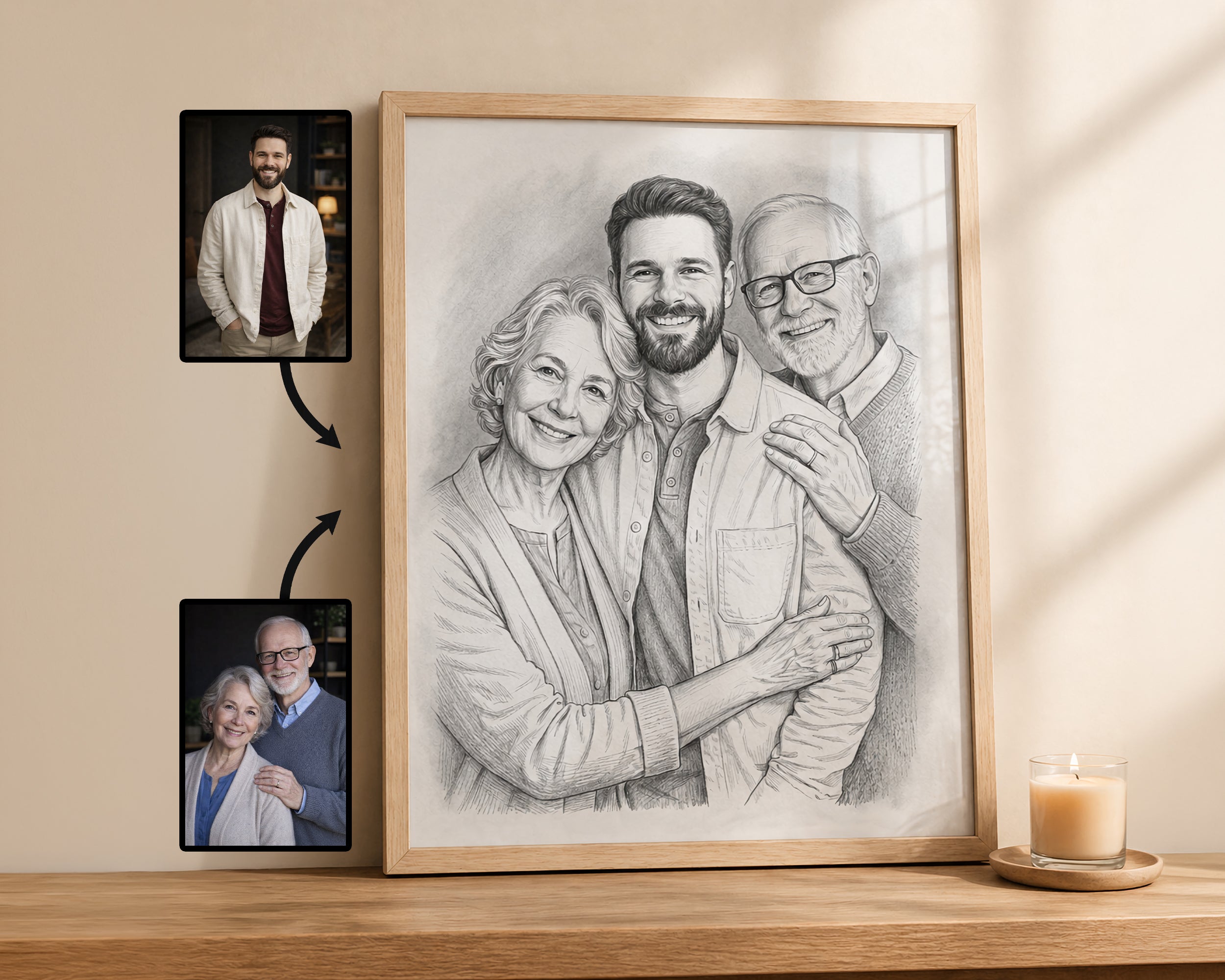 A framed black-and-white portrait sketch of a family of three displayed on a wooden shelf, with two small reference photos shown beside it and a candle on a coaster nearby.