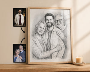 A framed black-and-white portrait sketch of a family of three displayed on a wooden shelf, with two small reference photos shown beside it and a candle on a coaster nearby.