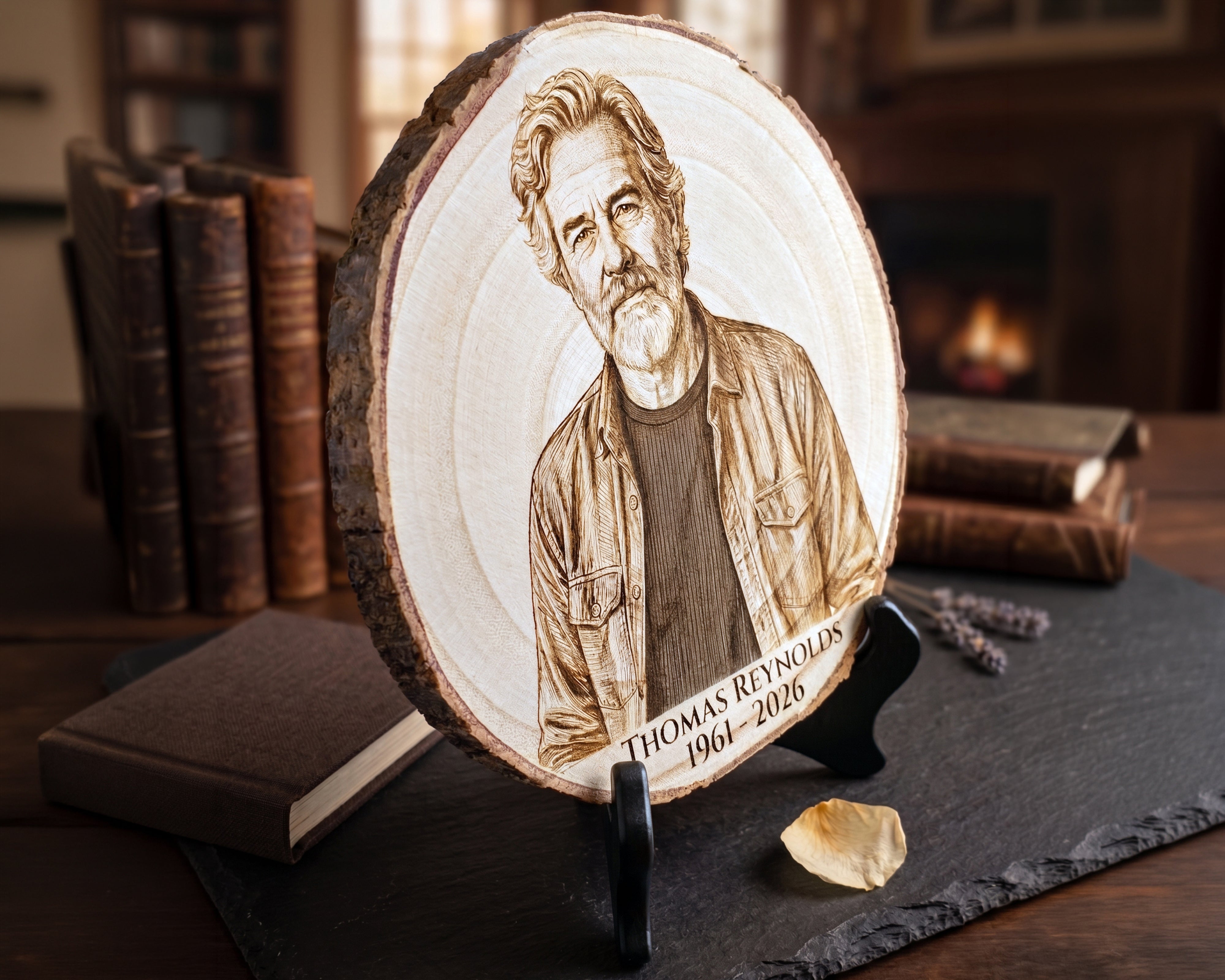 A round wooden slice plaque on a black display stand, featuring a laser-engraved portrait of Thomas Reynolds with the text 'THOMAS REYNOLDS 1961-2026'. The plaque is styled on a dark slate tray with a small dried leaf, with vintage books and a cozy fireplace in the background.