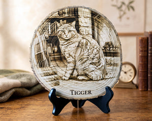A round wooden plaque featuring a detailed engraving of a cat named 'TIGGER' in a cozy room, displayed on a black stand on a wooden table with a blurred background.