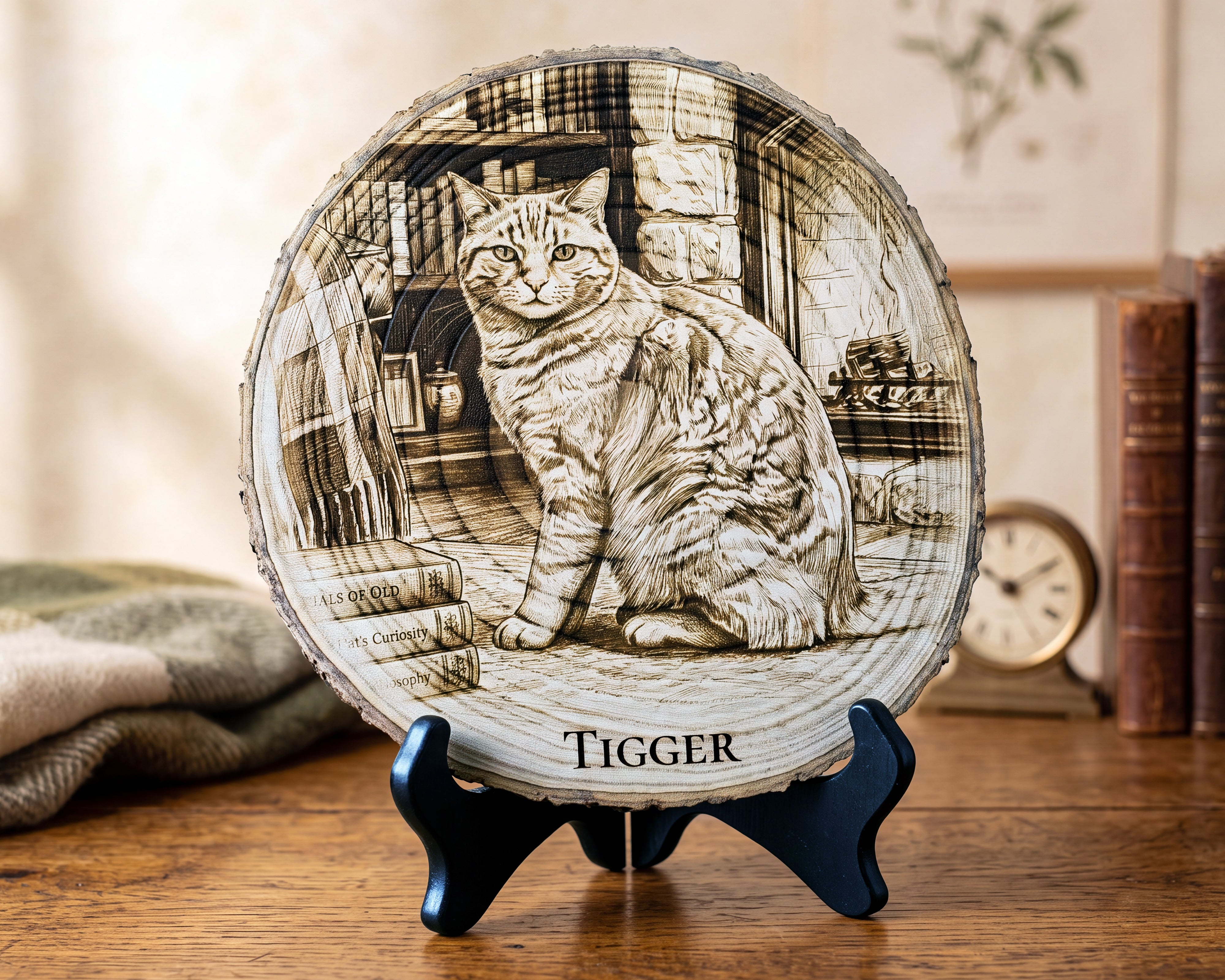 A round wooden plaque featuring a detailed engraving of a cat named 'TIGGER' in a cozy room, displayed on a black stand on a wooden table with a blurred background.