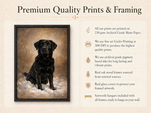 Promotional graphic for framed art prints, featuring a black dog portrait in a black frame on the left and a list of product details on the right. The text reads 'Premium Quality Prints & Framing' and describes archival matte paper, fine art Gicle printing, pigment inks, oak wood frames, and glass covers.