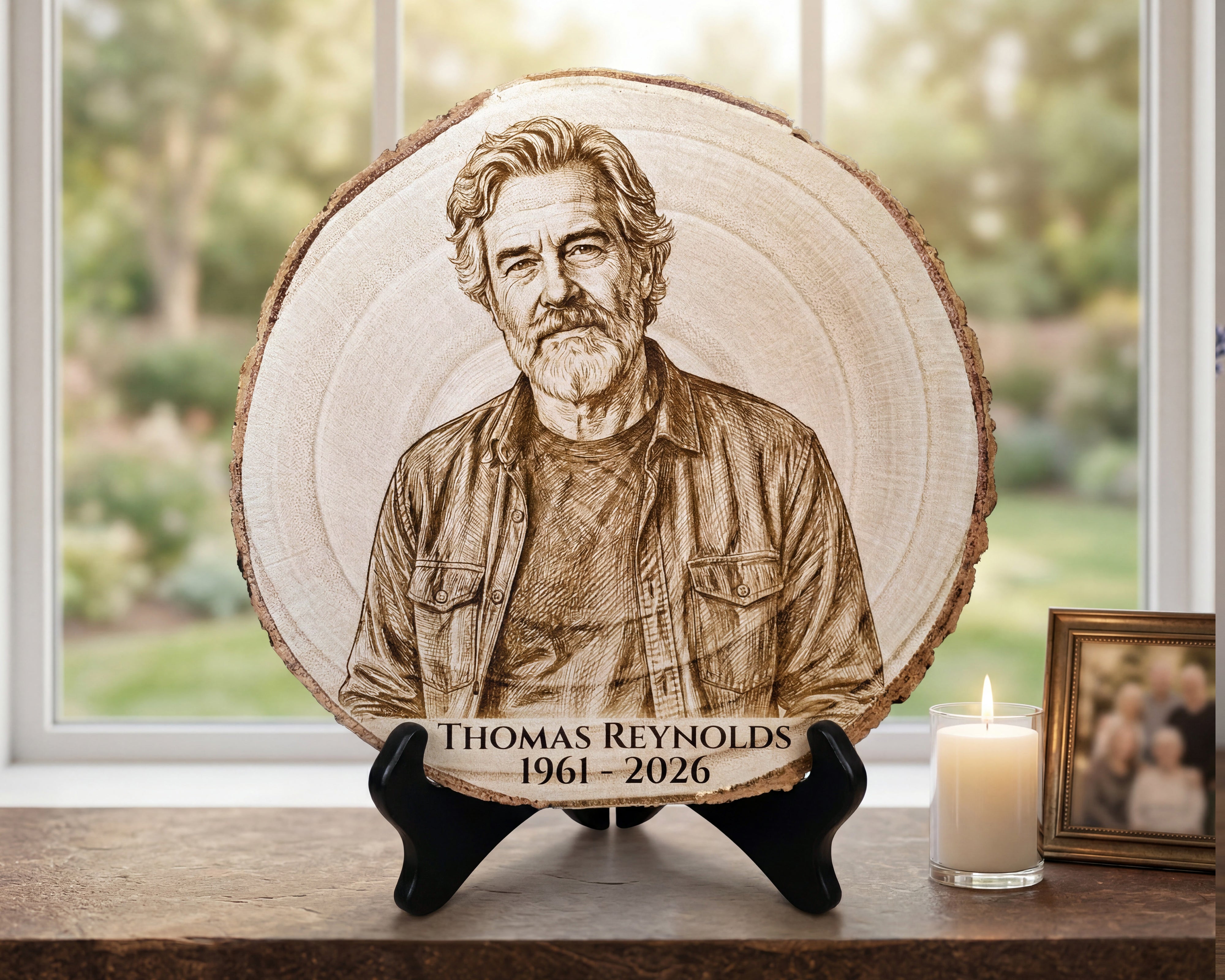 Personalized wooden memorial plaque featuring a engraved portrait of Thomas Reynolds with the text 'THOMAS REYNOLDS 1961-2026' on a black display stand, set on a tabletop near a window with a candle and framed photo beside it.