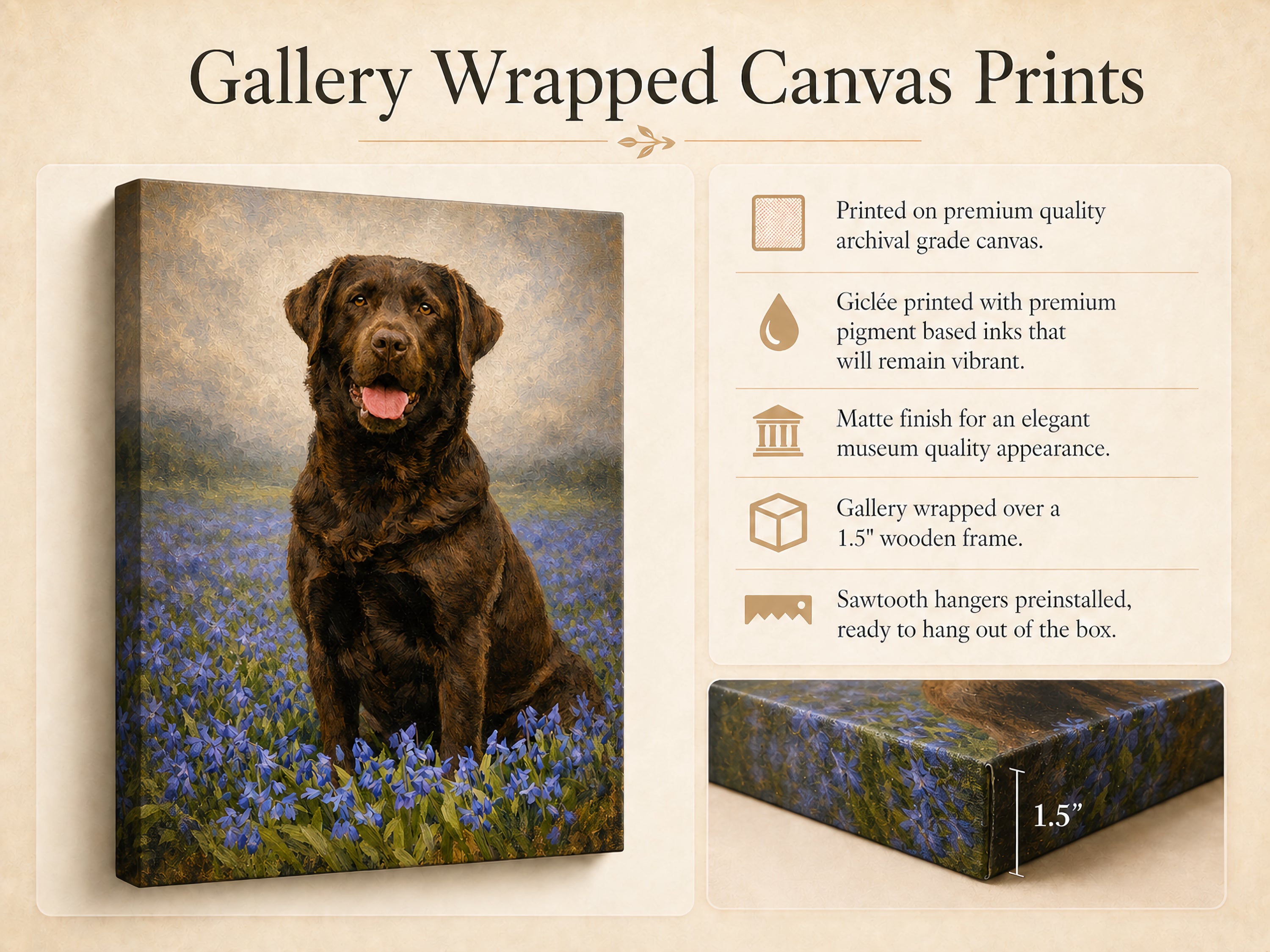 A canvas print product listing titled 'Gallery Wrapped Canvas Prints' showing a painted black dog sitting in a field of blue flowers. The left side displays the wrapped canvas at an angle, while the right side lists features such as archival-grade canvas, pigment-based inks, matte finish, gallery wrapping over a 1.