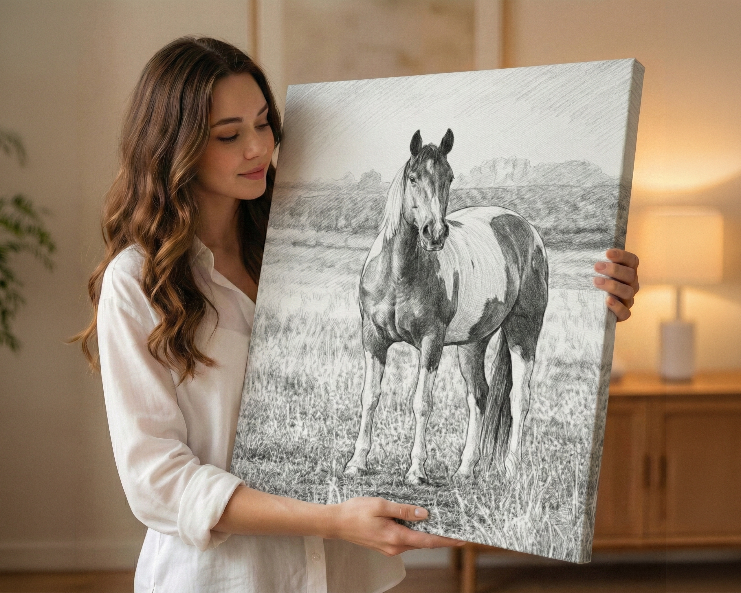 A woman in a white blouse holds up a large square canvas print featuring a black-and-white pencil-style drawing of a horse standing in a field. The scene is set in a warmly lit indoor room with a lamp and wooden furniture in the background.