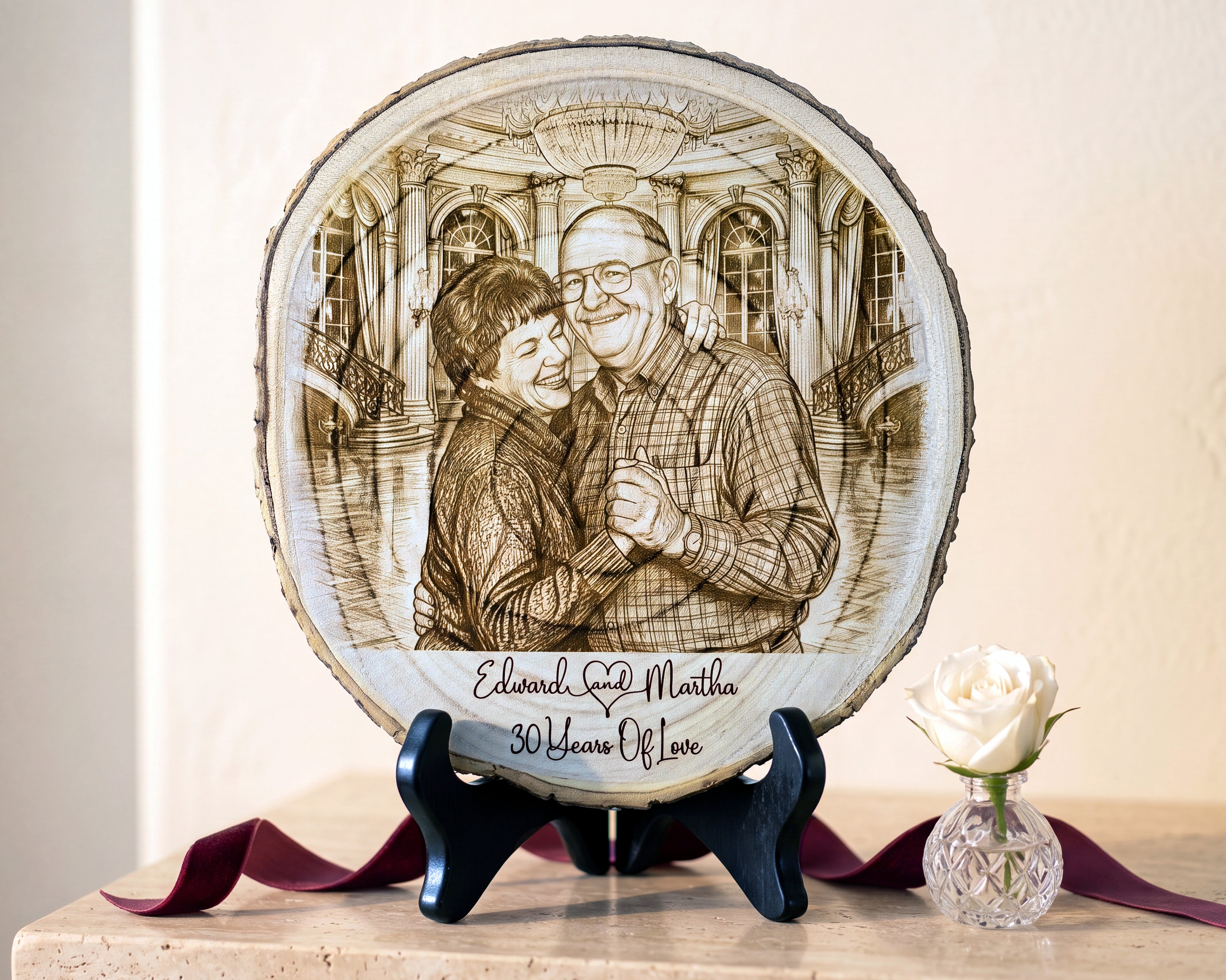 A round engraved wood slice plaque on a black stand, featuring a custom photo of an elderly couple with the text 'Edward & Martha 30 Years Of Love'. A small white rose in a crystal vase and a burgundy ribbon sit beside it on a light stone surface against a beige wall.