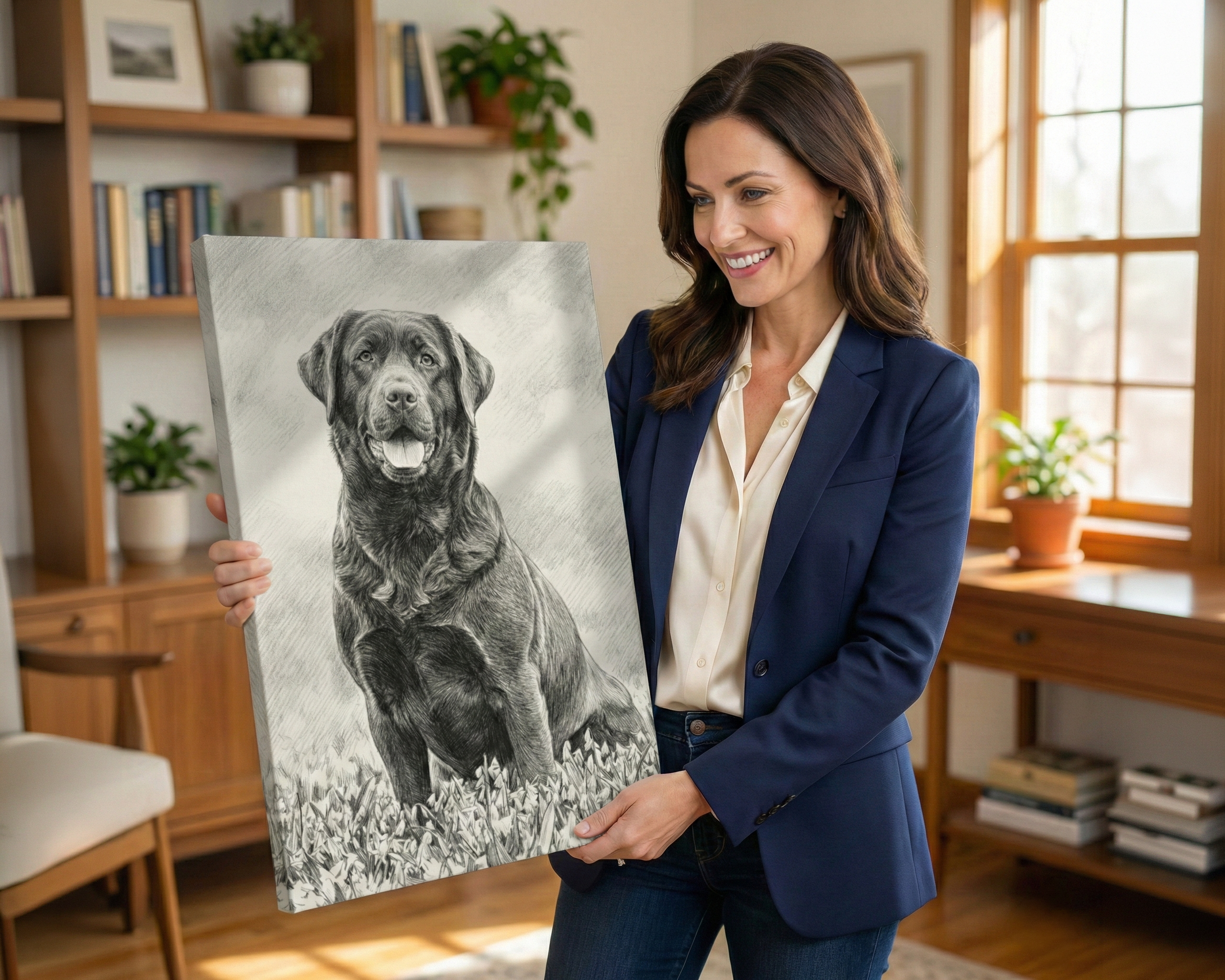 A woman in a navy blazer and cream blouse holds up a large black-and-white canvas portrait of a dog in a warm, book-filled room.