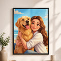 A framed custom portrait print hanging on a light beige wall, showing an illustrated woman hugging a golden retriever dog against a beach and sky background. The black-framed artwork is displayed in a styled interior setting with a vase of greenery and a small candle on a surface below.