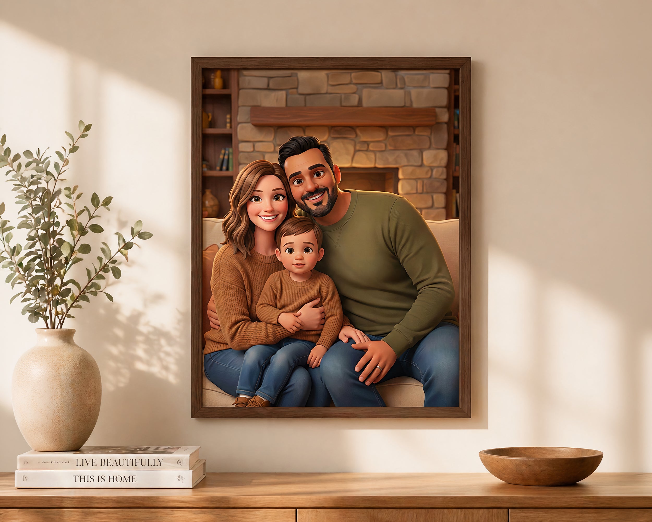 A framed custom family portrait print hanging on a beige wall above a wooden console table. The print shows a smiling man, a woman, and a young child sitting together in front of a stone fireplace.