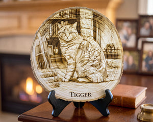 A round wooden plaque featuring a detailed laser-engraved portrait of a cat named 'TIGGER' in a cozy room setting, displayed on a black stand on a wooden table with a blurred fireplace and framed photos in the background.