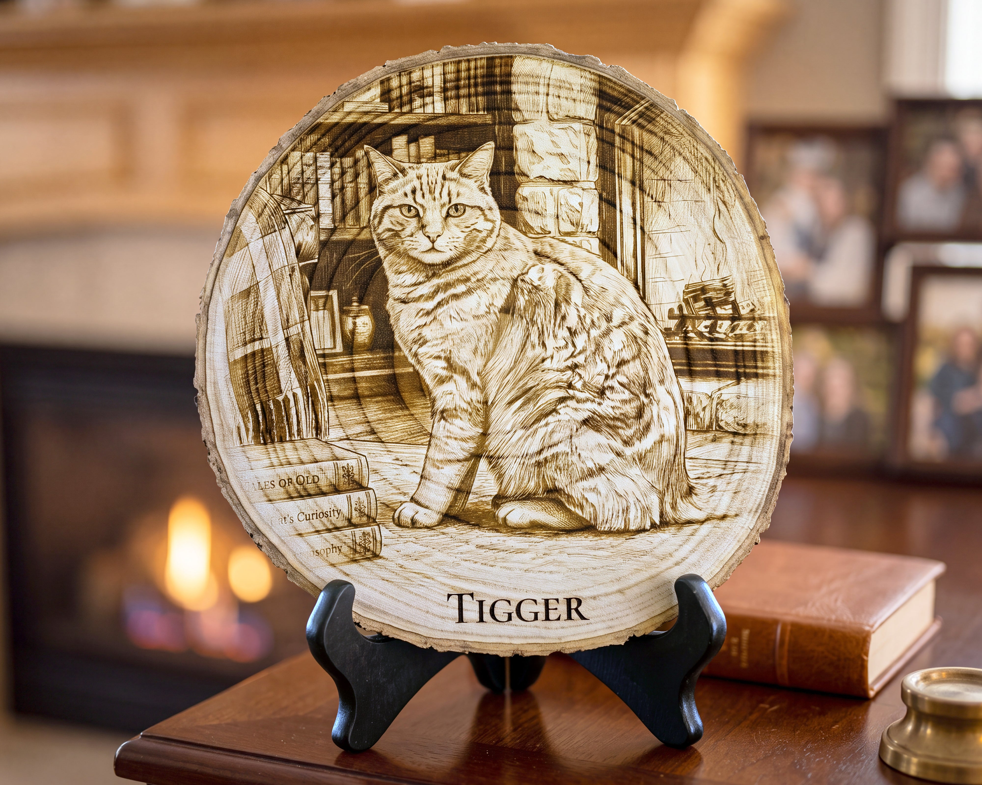 A round wooden plaque featuring a detailed laser-engraved portrait of a cat named 'TIGGER' in a cozy room setting, displayed on a black stand on a wooden table with a blurred fireplace and framed photos in the background.