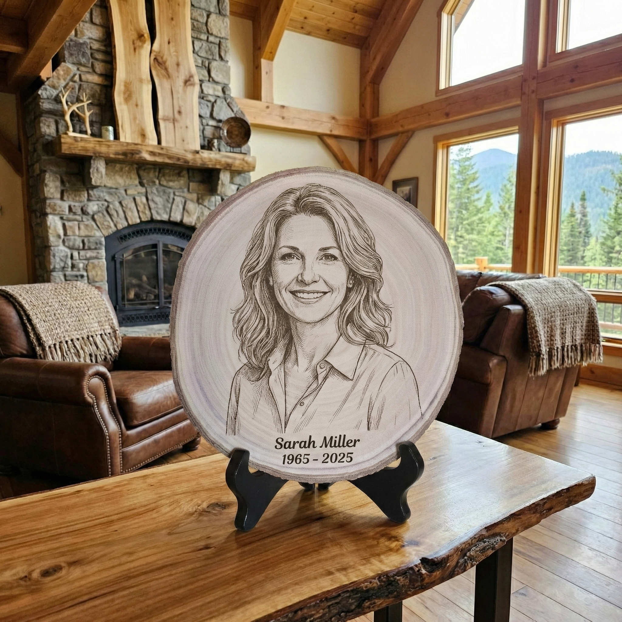 Personalized Photo Engraving Wood Tree Slice Memorial Gift Custom Portrait Display Sympathy Present Remembrance Keepsake Round Natural Wood Black Display Stand Included Engraved Dates Option Memorial Text Available Rustic Handcrafted Piece