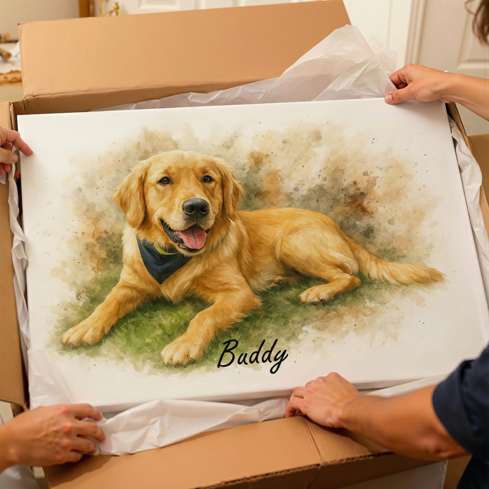 Painting of a golden retriever named 'Buddy' being unwrapped from a box.