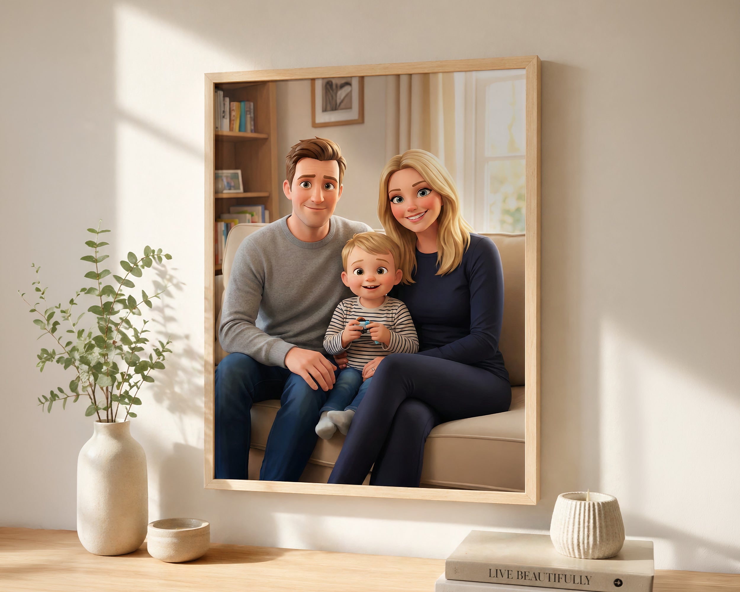 A framed custom family portrait print hanging on a beige wall above a wooden console table. The print shows a smiling man, a woman, and a baby sitting together on a couch.