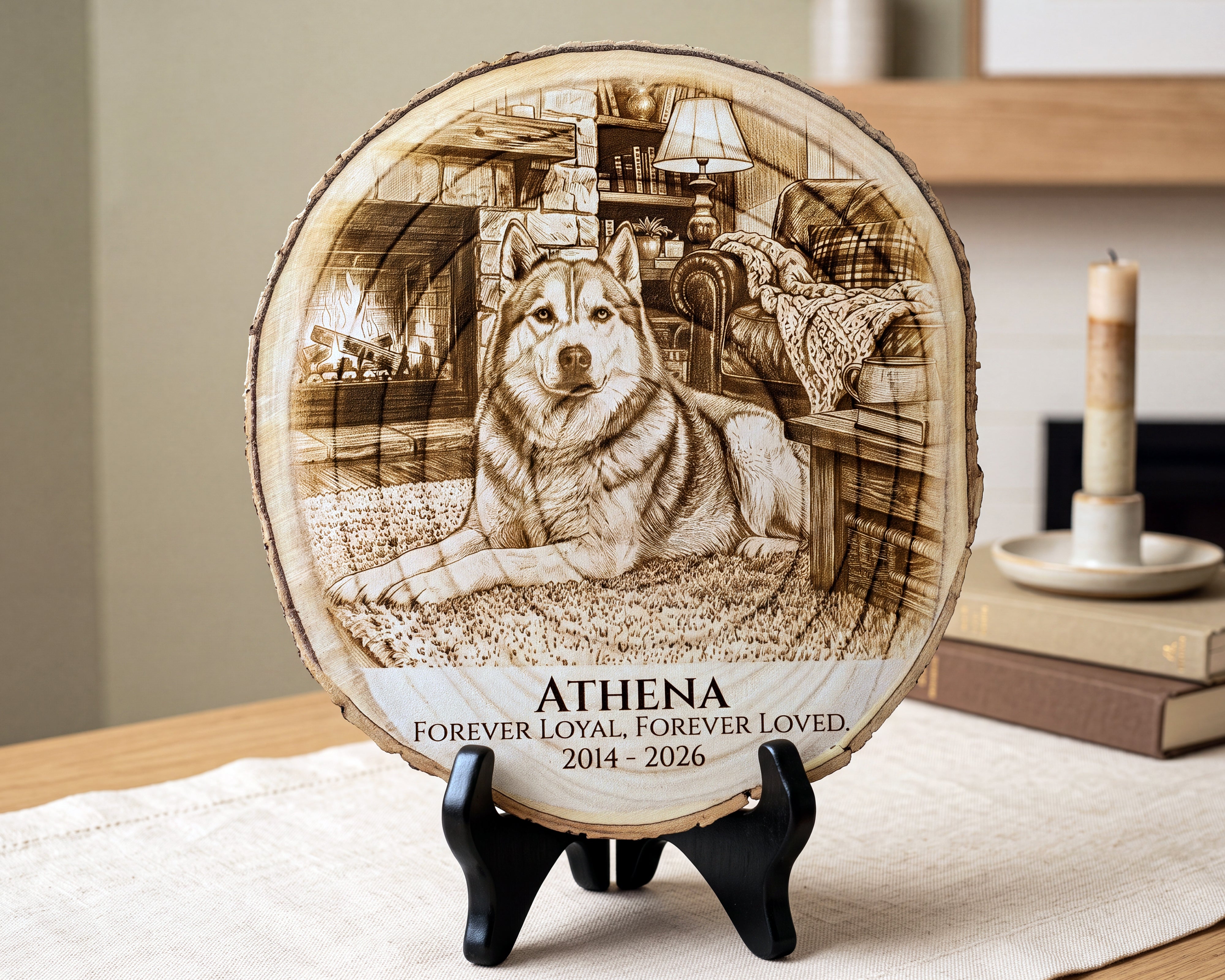 A round engraved wood plaque featuring a detailed portrait of a husky dog in a cozy living room, displayed on a black stand on a tabletop. The plaque is personalized with the name 'ATHENA' and the text 'FOREVER LOYAL.