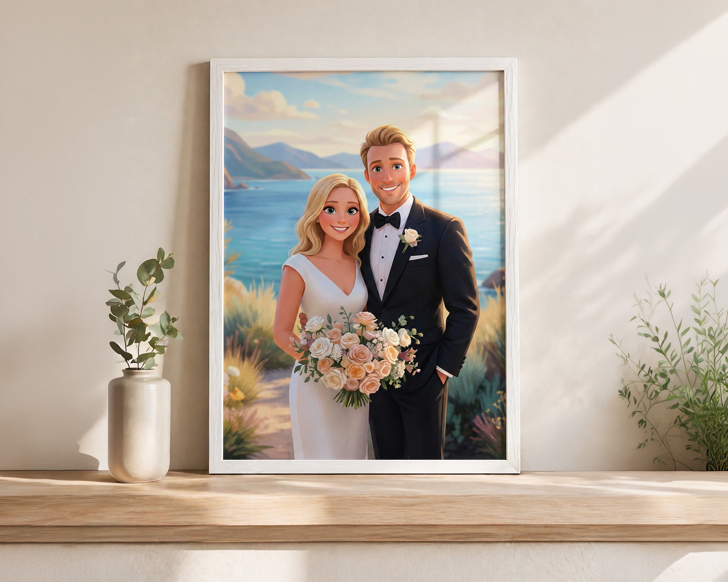 A framed custom portrait print of a bride and groom standing by the sea, displayed on a wooden shelf next to a small potted plant against a warm beige wall.