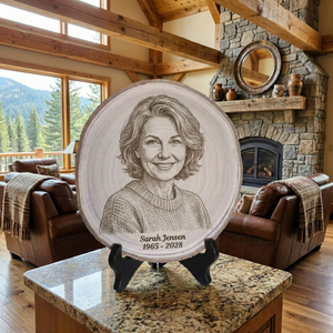 Handcrafted Wood Engraving Custom Portrait Slice Tree Round Memorial Display Personalized Photo Keepsake Natural Wood Texture Commemorative Gift Sympathy Present Black Stand Included Rustic Design Unique Artwork Special Remembrance Piece
