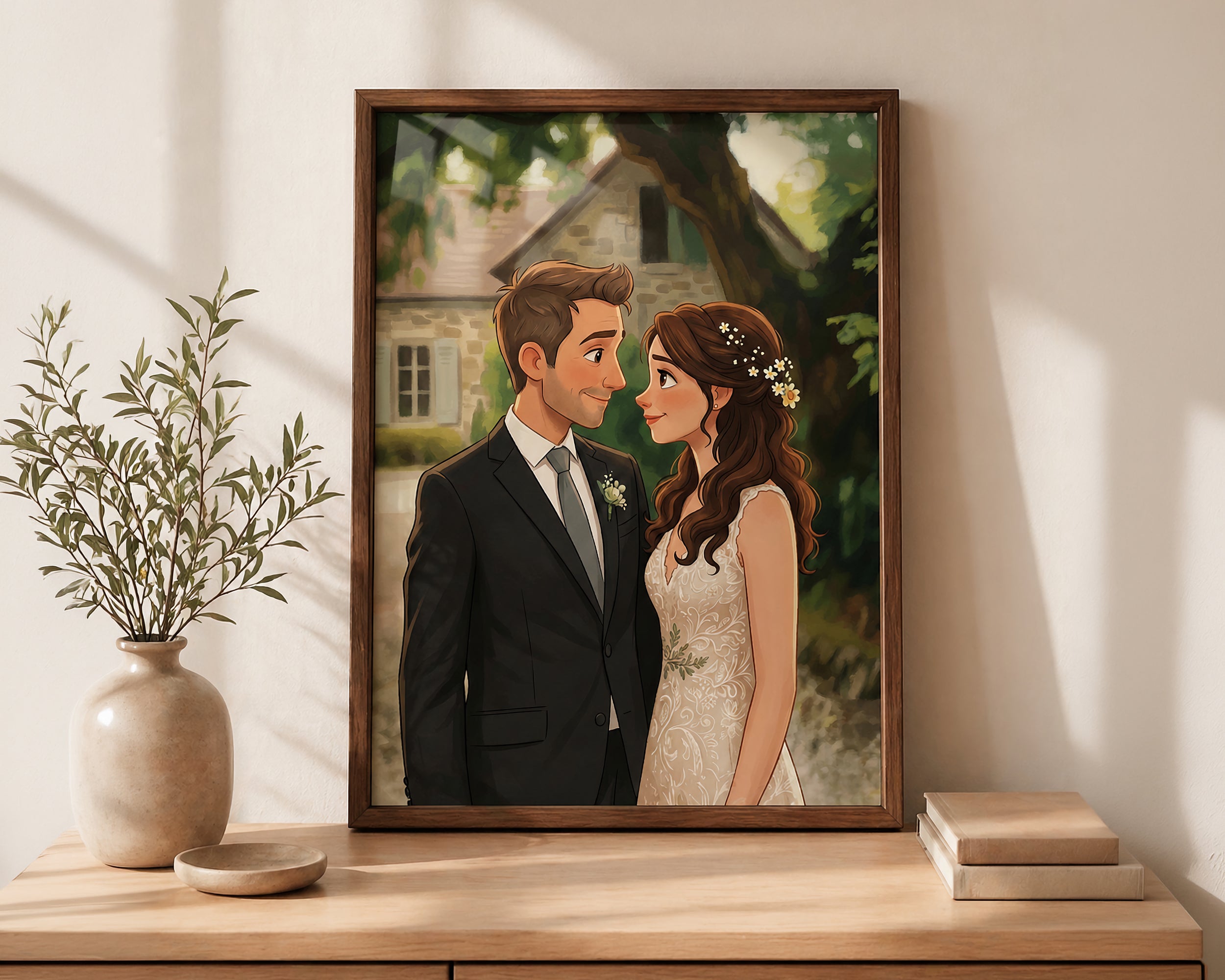 A framed custom illustration of a bride and groom standing close together in front of a house, displayed on a wooden console table in a styled room setting with a vase and books.