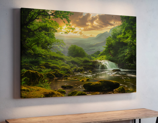 Golden Forest Waterfall at Sunset