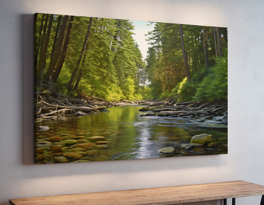 Serene River Running Through Tall Pines