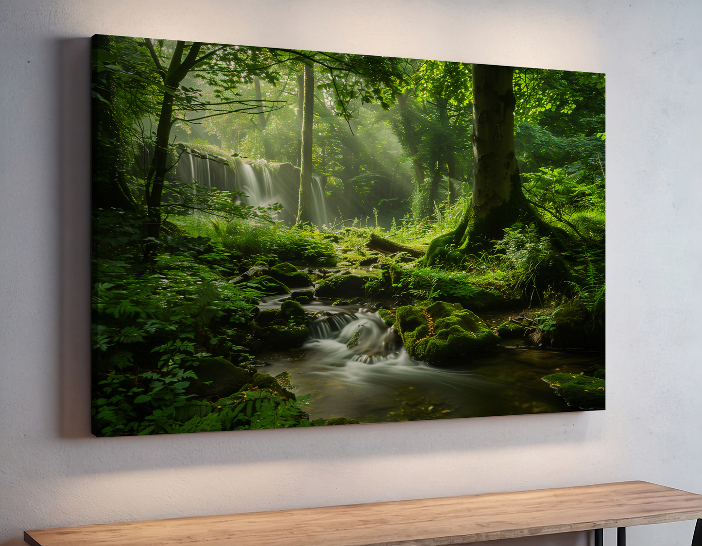 Mystical Waterfall in Sunlit Woodland