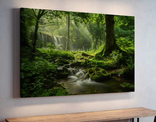 Mystical Waterfall in Sunlit Woodland