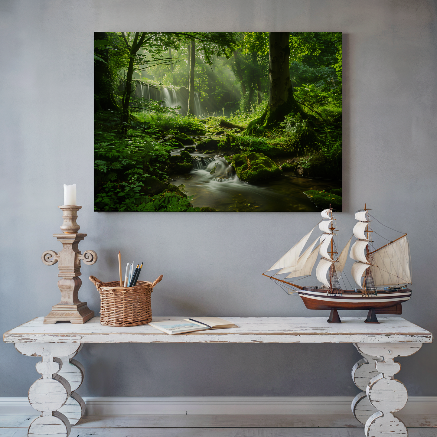 Mystical Waterfall in Sunlit Woodland