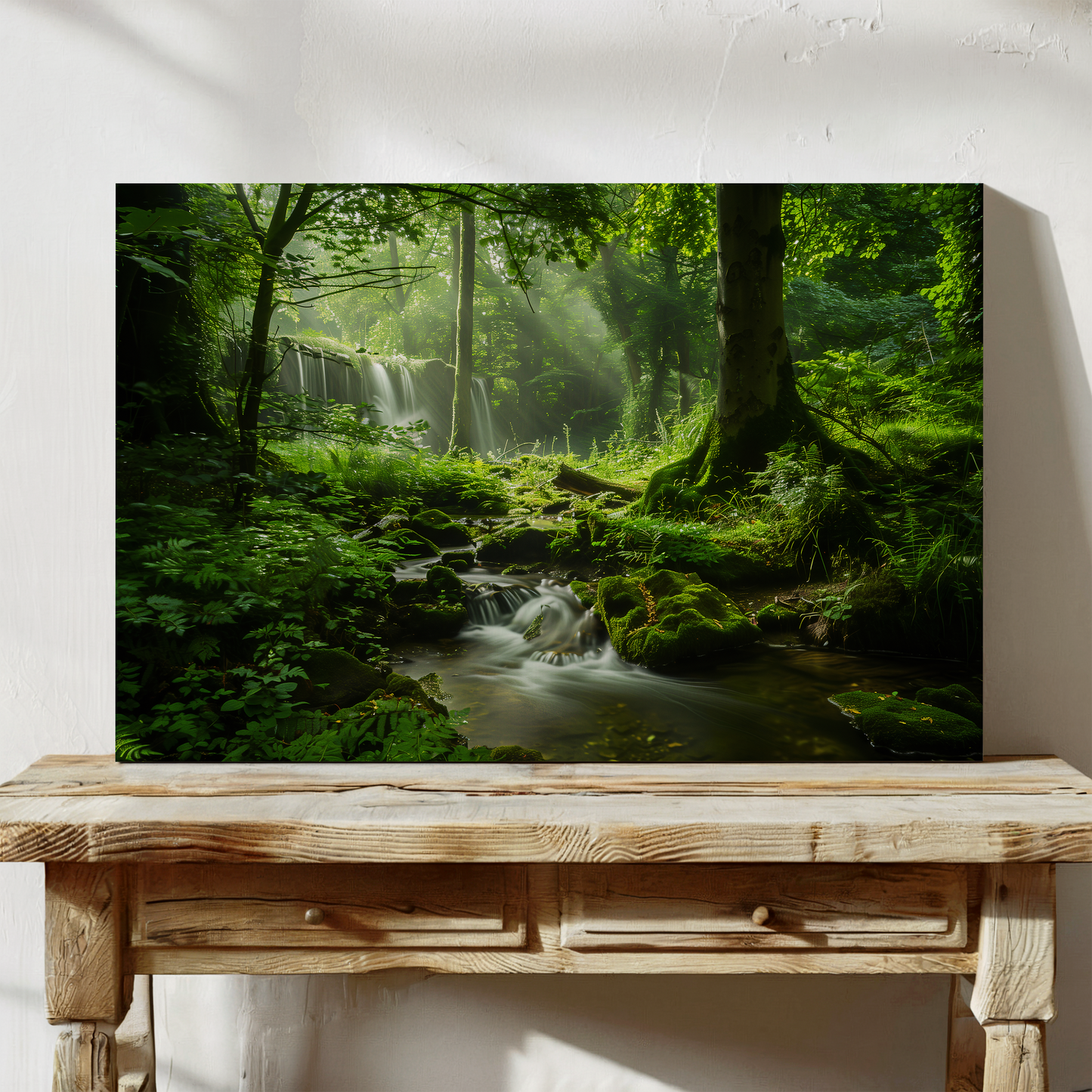 Mystical Waterfall in Sunlit Woodland