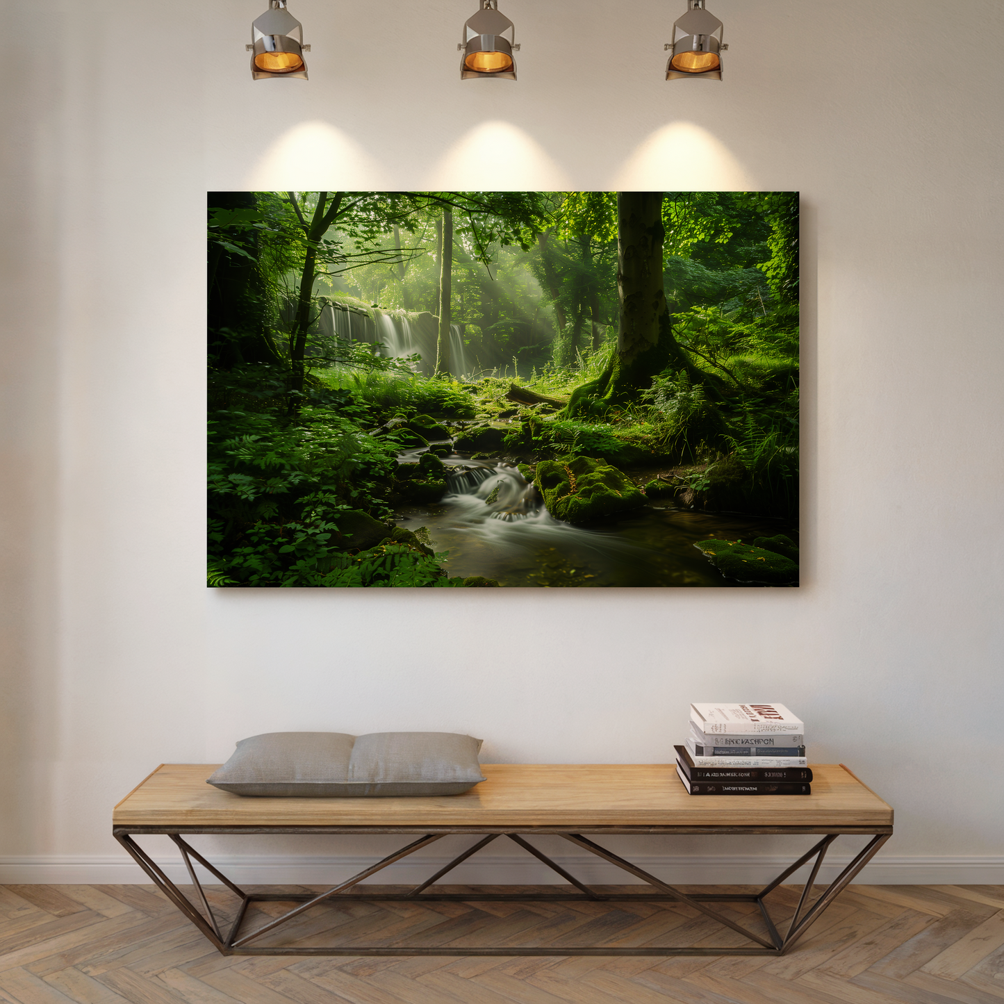 Mystical Waterfall in Sunlit Woodland