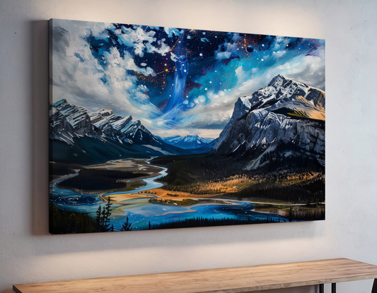 Cosmic Mountain Valley Under Starry Sky