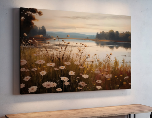 Field of Daisies at Lakeside Sunset
