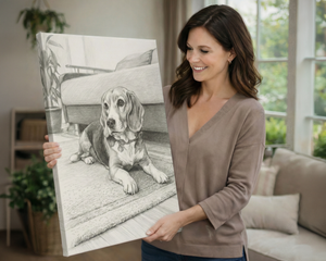 A woman in a taupe V-neck top holds up a large canvas print featuring a detailed pencil sketch of a beagle dog lying on a rug in a living room. The background shows a softly blurred real living room with a sofa, window, and plants.
