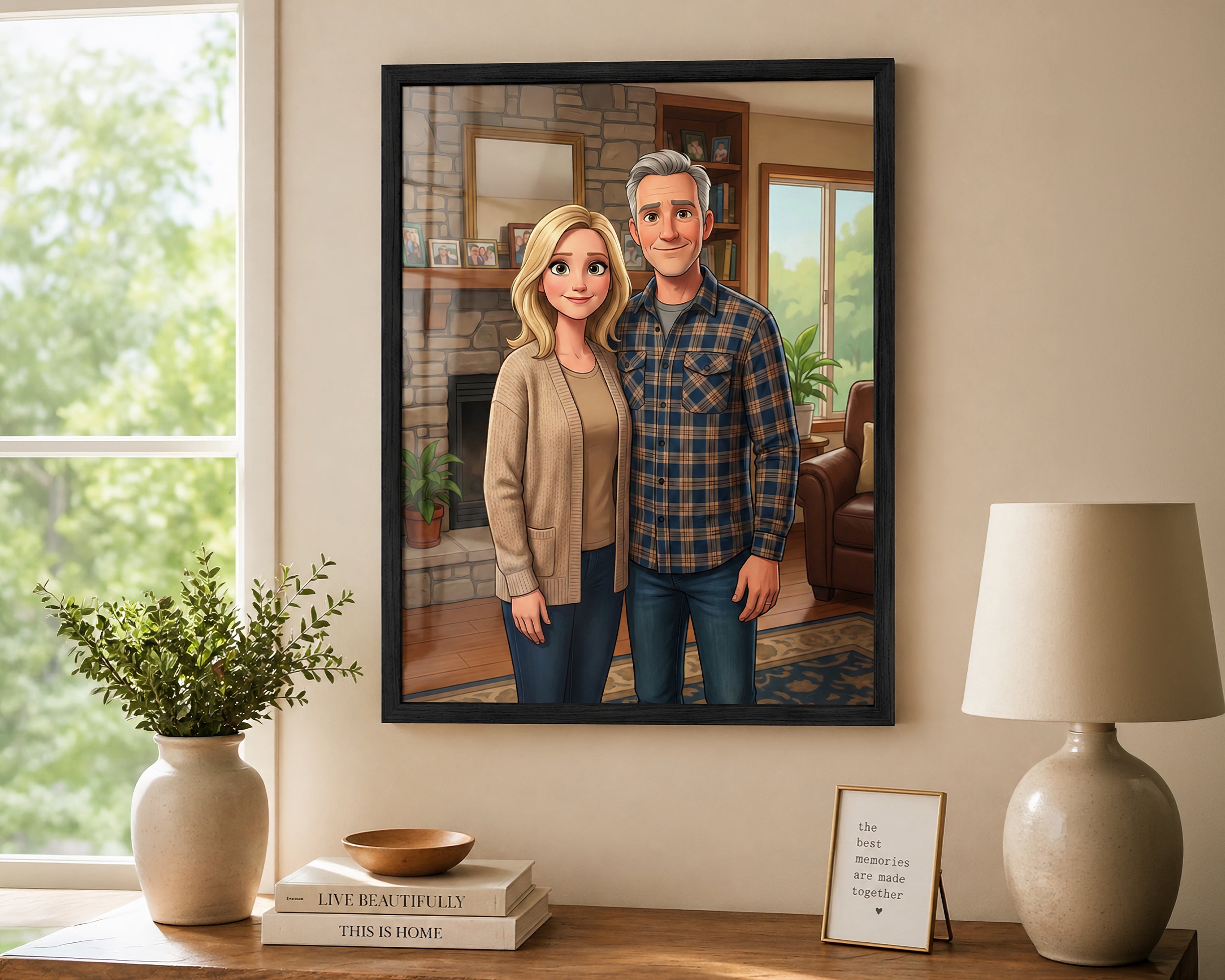 A framed custom portrait print of a couple in a living room setting, displayed on a beige wall above a wooden console table styled with a lamp, books, and a potted plant.
