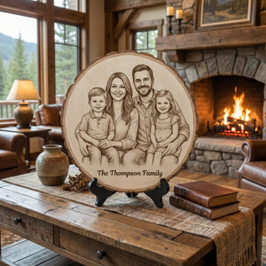 Wooden plaque with family engraving on a wooden table in a cozy living room.