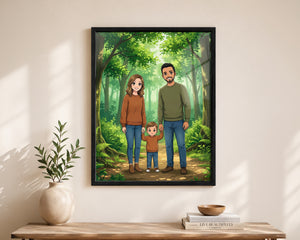 A framed custom family portrait print hanging on a beige wall above a wooden console table. The print features a cartoon-style illustration of a family of three standing in a lush green forest.
