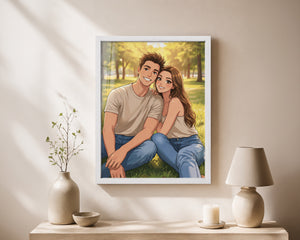 A framed custom illustration print of a smiling couple sitting on a grassy park lawn, displayed on a beige wall above a wooden console table decorated with a vase, candle, and lamp.