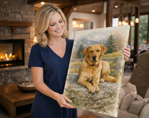 A woman in a navy blue dress holds up a custom canvas print of a golden retriever dog in a scenic outdoor landscape, set in a cozy living room with a fireplace in the background.