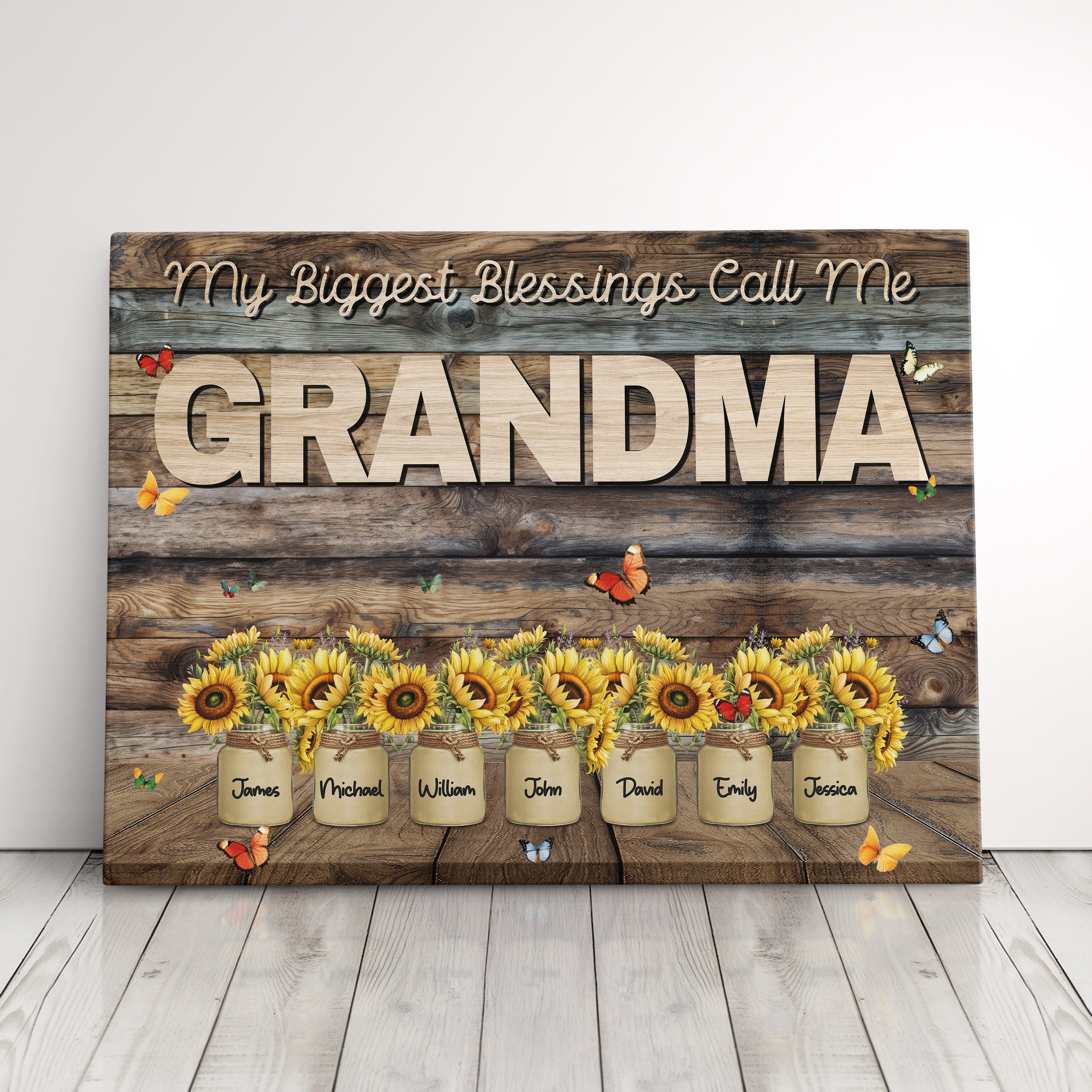 Personalized Gift For Grandma Farmhouse Style Sunflower Mason Jar Family Names Canvas Print